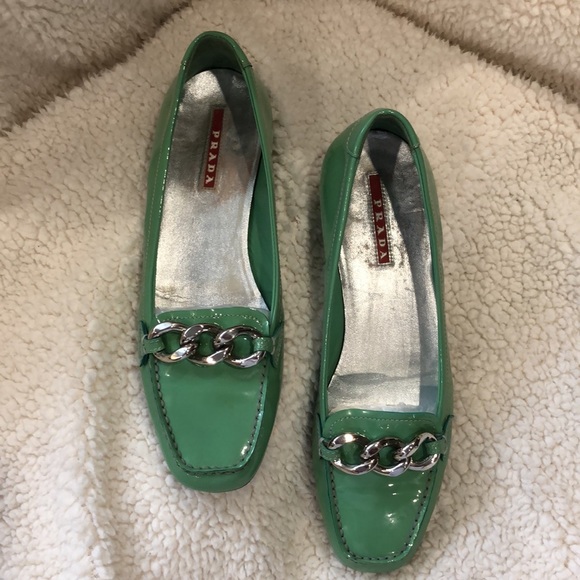 Prada Women's Green Patent Leather Bit Block Heel Loafers - Picture 3 of 13